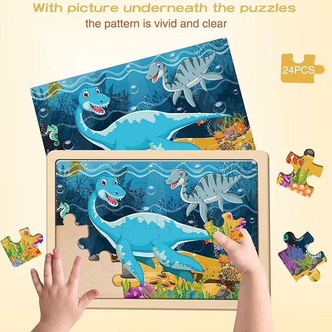 Puzzles for Kids Ages 4-6, 4 Pack Wooden Jigsaw Puzzles with 24 Pieces Each, Dinosaur Puzzle Preschool Educational Learning Toys Set for Boys and Girls