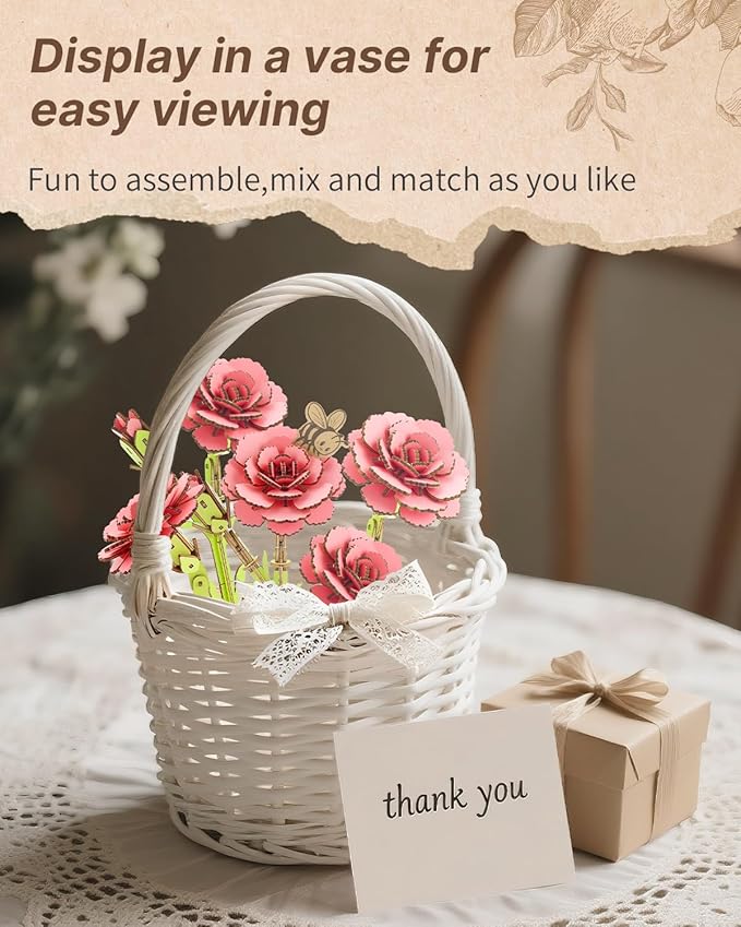 3D Carnation Wooden Puzzles for Adults, DIY Carnation Wooden Flower Craft Kit, Mother's Day Valentine's Day, Home Decor Gift for Women/Men .(3.81 * 3.19 * 8.86in 90PCS)