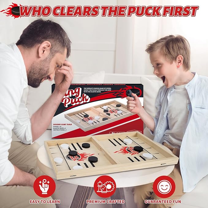 Large Fast Classic Slingshot Puck Game, Wooden Air Hockey Board Games for Family Night, Table Games for Adults and Kids, 2 Player Game for Ages 6 and Up, Test Your Speed and Accuracy
