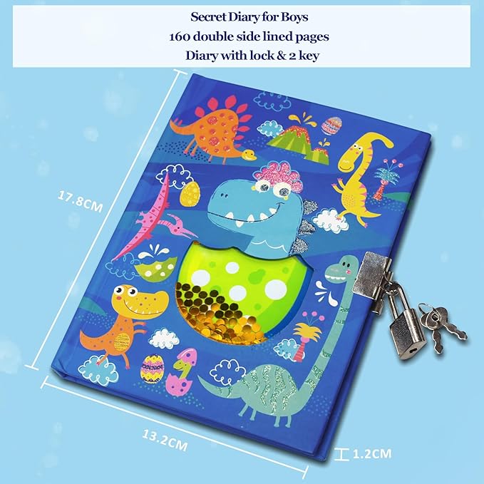 GINMLYDA Boys Diary with Lock for Kids, Dinosaur Diaries 7.1x5.3 160 Pages Boy Journal Secret Cute Notebook with Lock and Key for Little Kid Writing Drawing Gift for Pre school Age 6,8,12