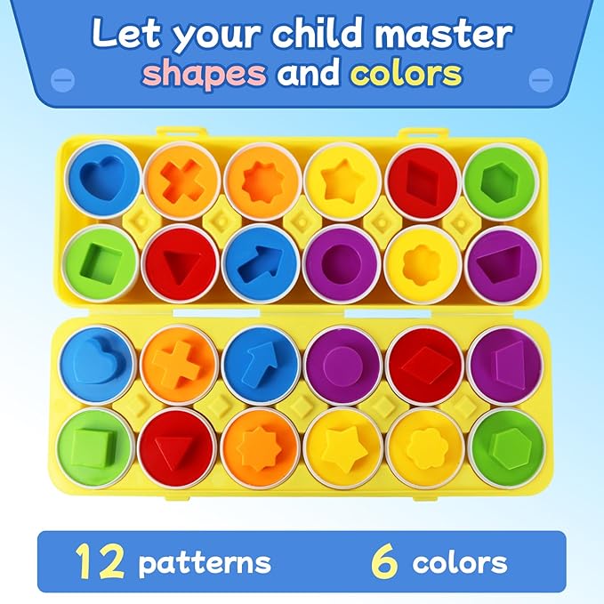 Tinabless Matching Eggs Toys 12 pcs Set Color & Shape Recoginition Sorter Puzzle for Toddlers, Christmas Easter Travel Game Early Learning Educational Gift for Year Old Kids