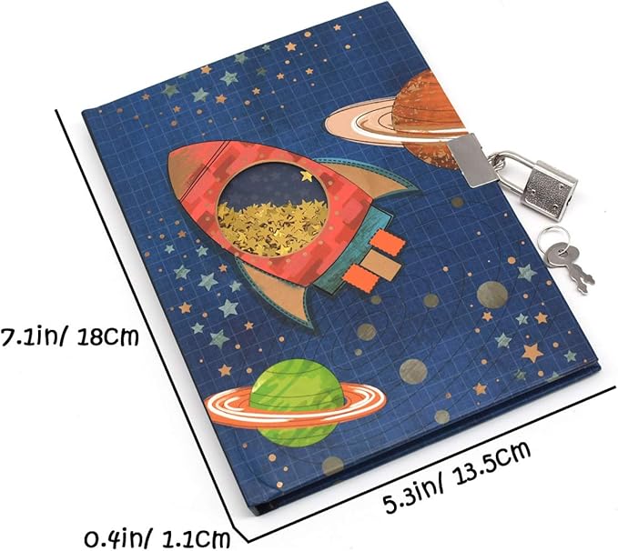 GINMLYDA Boys Diary with Lock for Kids, Spacecraft Diaries 7.1x5.3 inches 160 Pages Cute Boy Journal Secret Notebook with Lock and Key for Little Kid Writing Drawing Gift for Pre school Age 6,8,12