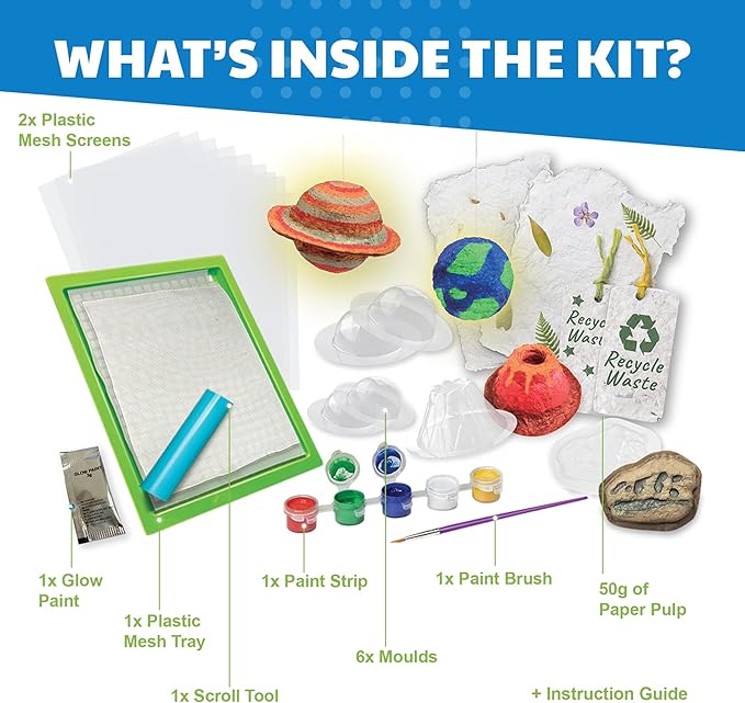 Green Science - Paper Making Kit - Recycle and Create Your Own - Paper Making Screen - Green DIY Craft Stem Toys Kit for Kids - Includes Molds, Paints, and Glow-in-The-Dark Features