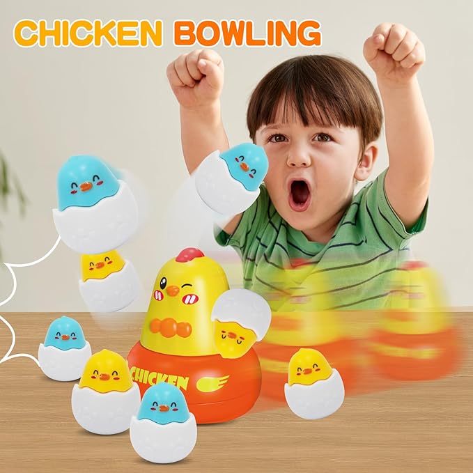 4 in 1 Toys for Ages 5-7, Bounce and Catch Chicken Games, Rotating Board Games for Kids 4-6, Fishing Game Magnetic,Toddler Toys Bowling, Family Games for Kids and Adults
