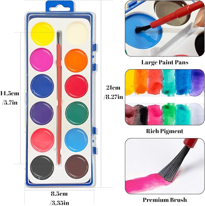 30 Pack Watercolor Paint Set Bulk, with 12 Vibrant Colors and 30 Brushes, Washable Water Color Paint Sets for Kids and Adults, Ideal Gift for Art Painting Party Favors, School Supplies