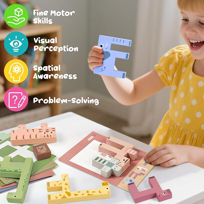 Vileafy Wooden Puzzles for Toddlers 3-5 – Montessori Animal Wooden Stacking Puzzle Toy, Preschool Learning Toy & Shape Matching Blocks for Kids