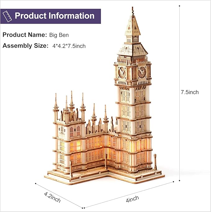 Rolife 3D Wooden Puzzles for Adults Big Ben -220 Pieces 3D Puzzle Wood London Architecture Model Craft Kits Birthday Gift for Teens/Adults Desk Decor