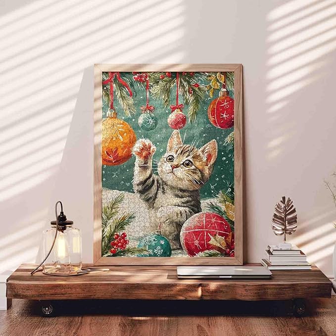 Merry Christmas 1000 Piece Jigsaw Puzzles for Adults Cat Playing with Xmas Balls Painting Jigsaw Puzzle 1000 Animal/Wildlife Puzzles 20''x27”inch DIY Craft Puzzle Art Wall Decor Family Challenging