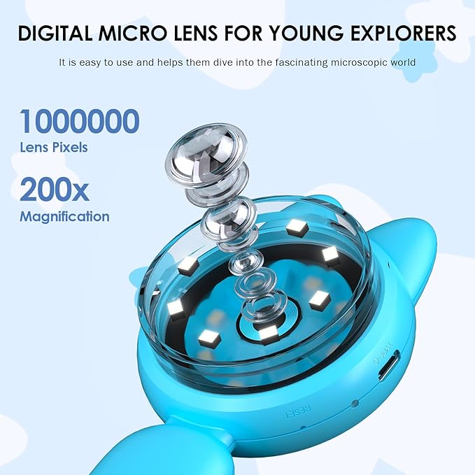 Kids Microscope 100X Magnification, STEM Handheld Digital Science Kit, Portable Educational Toy for Ages 3-16, Birthday for Boys & Girls Blue