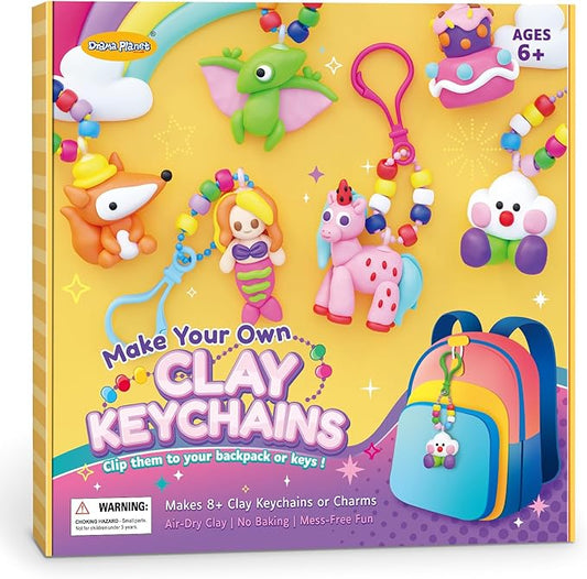 Drama Planet Make Your Own Clay Keychains – Air Dry Clay Craft Kit for Kids Ages 6 and Up, Create 8+ Charms and Bag Decorations, Great Gift for Girls and Boys