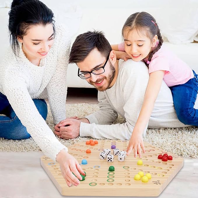 HOROW Wahoo Board Game Wooden Original Board Game Classic 2 Side Painted Fast Track Game for 4 Player and 6 Player with 30 Marbles,6 Dices for Family Game Night(6large,Log)