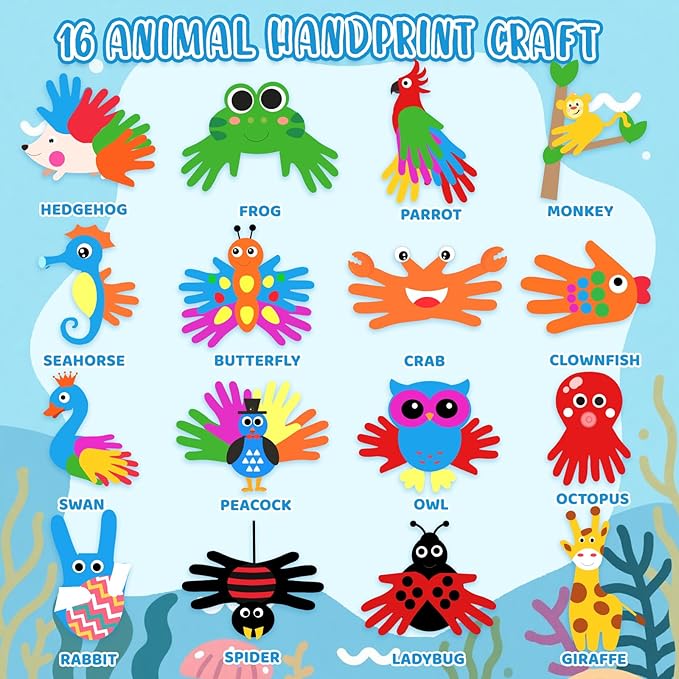 Animals Handprint Art Craft Kits- 16 Pack Easy Animal Cutout Craft for Toddler Age 3+,DIY Fun Hand Print Paper Crafting,Creative Toys Preschool Classroom Activity Project for Kids Boys & Girls