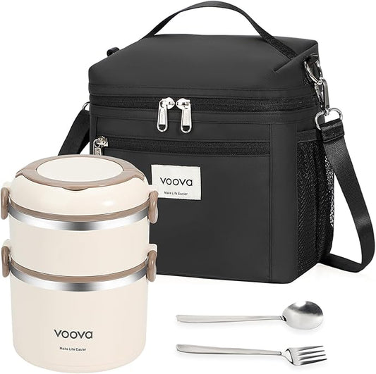 Voova Stackable Stainless Steel Thermal Lunch Box with Lunch Bag for Women Men Adult Kids, 2 Tier Leakproof & Microwave Safe Insulated Bento Boxes Food Container for Work School, Black