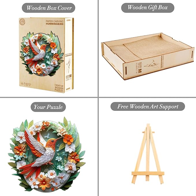 Wooden Puzzles for Adults, Wooden Jigsaw Puzzles for Adults Kids, Paper Carving Hummingbird Unique Shaped Wood Puzzles Adult, Creative Birthday Gifts for Friends Family Game(11.4 * 11.1in 195pcs)