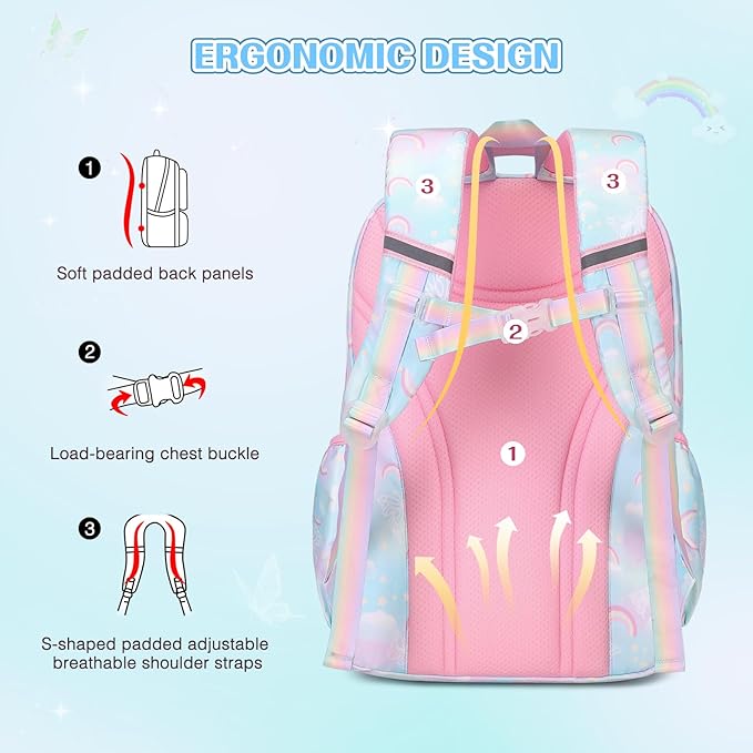 Backpack for Girls, Rainbow Butterfly Girls Backpacks with Lunch Bag Pencil Case Set, Kids Backpack Kindergarten Elementary Middle School Book Bag for Teen Girl Children Students