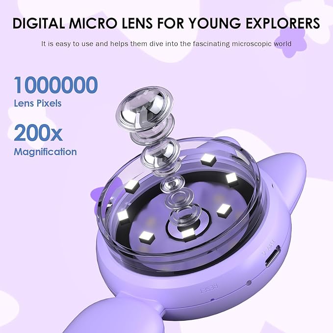 Kids Microscope 100X Magnification, STEM Handheld Digital Science Kit, Portable Educational Toy for Ages 3-16, Birthday for Boys & Girls Purple