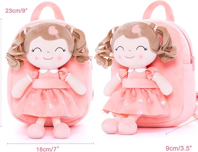 Gloveleya Back to School Gifts for GirlsToddler Backpack Baby Girl Gift Plush Bag Diaper Bag with Spring Girl Doll Curly Hair Girl Toys with Love Orange 9 Inches