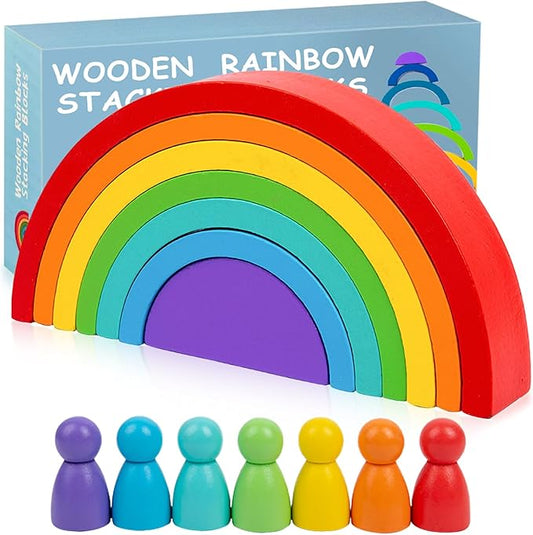 Wooden Rainbow Stacking Toy, Wood Peg Dolls Stacker Arch Game, Montessori Arch Bridge Rainbow Building Blocks, Colorful Stacking Blocks Puzzles for Kids 2 3 4 5 Years Old, Rainbow Decor Toys