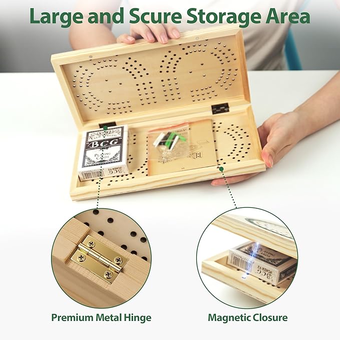 Foldable Wooden Cribbage Board Set, Unique 3-Track Travel Board with Storage & Magnetic Closure, 9 Multi-Colored Pegs, Full Playing Card Deck, Portable Family Game for Adults, Kids, Gatherings & Gifts