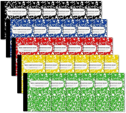 Composition Notebook, Mini Sized 30 Pack 5 Colors Narrow Ruled Mini Composition Books Bulk by Feela, Small Pocket Marble Cute Journal Notebooks for Kids School Home Office, Pocket Sized 4.5 x 3.25 in