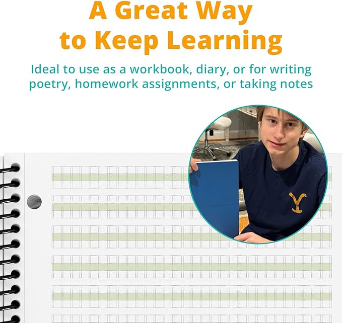 Channie's Youth Composition Notebook, Homework & Improvement Journal for Kids, Older Learners, & Special Needs Students, with Color-Coded Blocks for Handwriting Practice, Blue