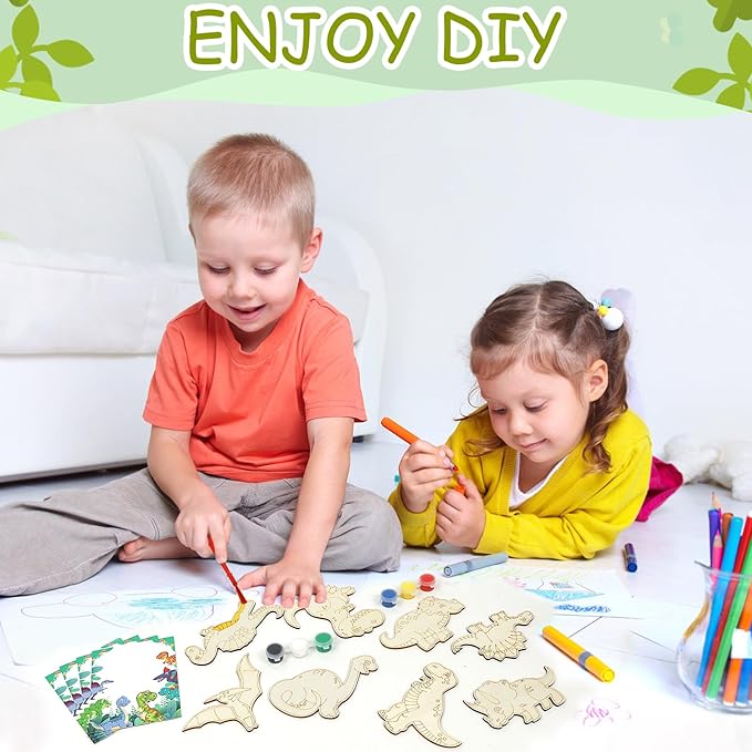 LARDUX Dinosaur Party Favors, 24PCS DIY Wooden Arts & Crafts Painting Kit for Kids, Glow in The Dark Party Favors Family Crafts Birthday Party Christmas Gifts Toys for Boys Girls