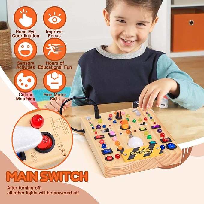 Busy Board with 19 LED Light Switches, Montessori Toys for 1 2 3 Years Old, Wooden Sensory Board, Toddlers Toys Activity Travel Toys for 1 2 3 Year Old Boy & Girl Birthday Gift (Big)