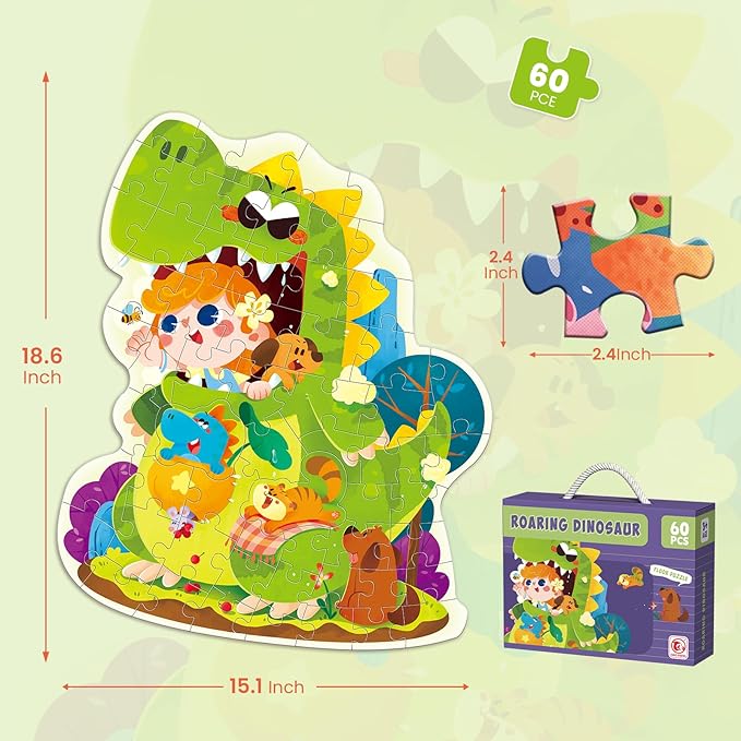 ELX Jigsaw Puzzle for Kids 3+, Floor Puzzle for Preschool Learning (19.7 X 15 in) (Dinosaur-Bag)