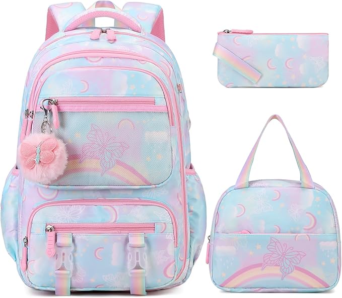 Backpack for Girls, Rainbow Butterfly Girls Backpacks with Lunch Bag Pencil Case Set, Kids Backpack Kindergarten Elementary Middle School Book Bag for Teen Girl Children Students