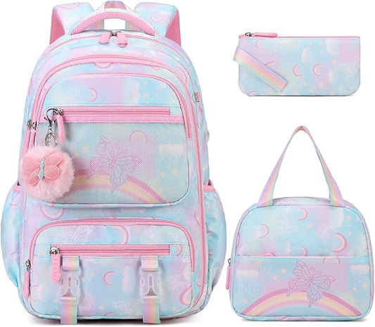 Backpack for Girls, Rainbow Butterfly Girls Backpacks with Lunch Bag Pencil Case Set, Kids Backpack Kindergarten Elementary Middle School Book Bag for Teen Girl Children Students