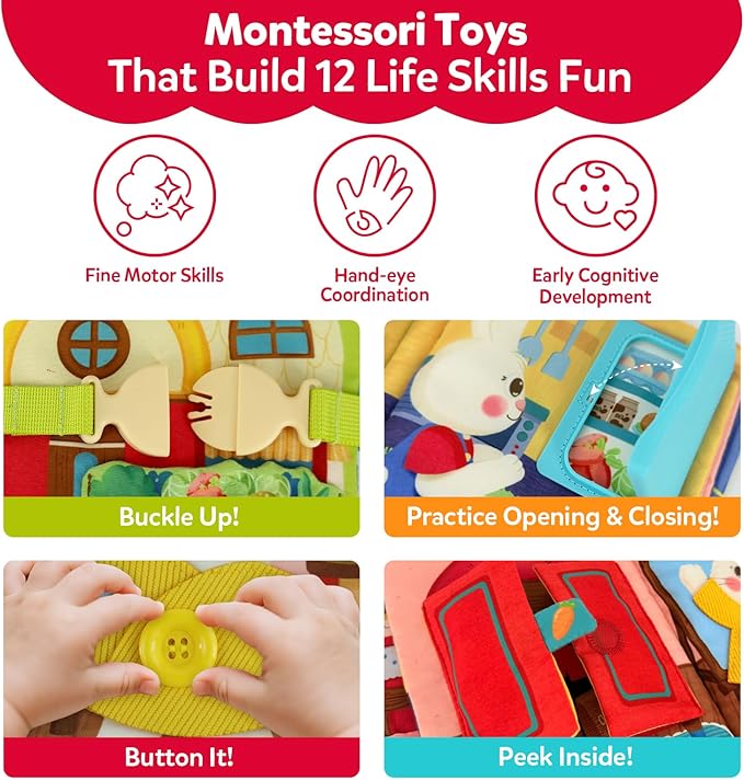 Montessori Busy Book for Toddlers 1-3,Busy Board with 12 Sensory Activities & Fine Motor Skills,Travel Toys for Airplane Car,Educational Learning Gift for 1 2 3 Year Old Boys Girls
