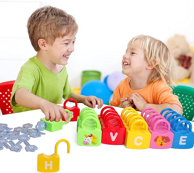 Color Alphabet Learning Lock Toys Educational Letter Combination-with 26 Locks, 26 Keys Montessori Preschool Alphabet Learning Game for Ages 3 yrs+