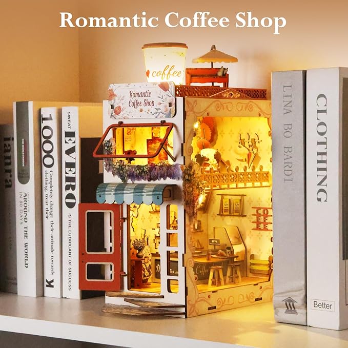 Book Nook Kit,Coffe House Miniature House Kit for Teens and Adults,3D Wooden Puzzle Tiny House Booknook Bookend Bookshelf Decor Model Build.(Romantic Coffee House)