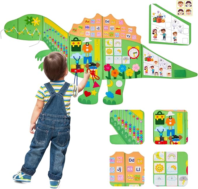 Dinosaur Montessori Busy Board: 10 in1 Sensory Wall Panel for Kids, Toddler Sensory Toys Learning Activity Wall for Playroom, Daycare, Class, Travel, Gifts for 3 4 5 6 Year Old Boys Girls