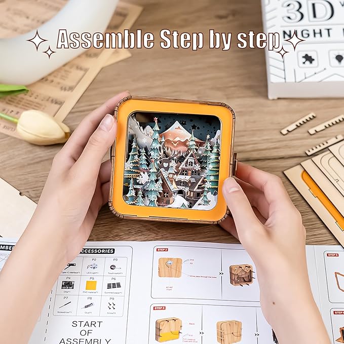 3D Puzzle Nightlight-DIY LED Light Wooden Puzzle-Art Lamp and Craft Kits for Kids and Adults-Birthday Gifts Toys-Home Desk Decor Family Game (Christmas Eve)