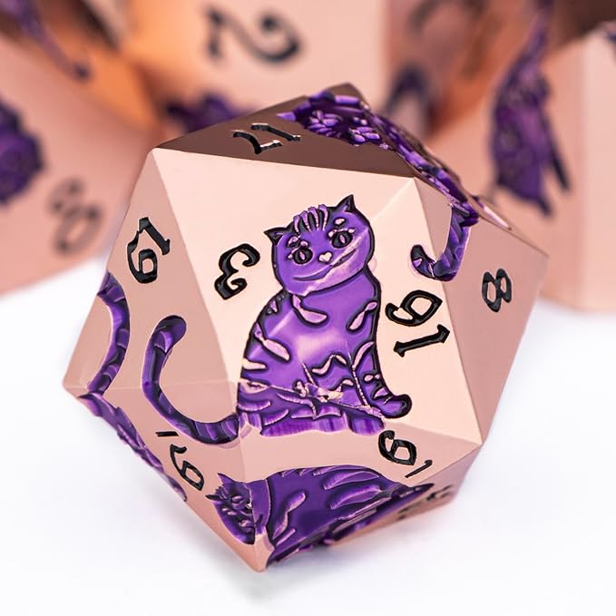 Metal DND Cat Dice 7PCS Polyhedral RPG Dice Set with Gift Case for Dungeons Dragons Role Playing Game, D and D Dice D6 D8 D10 D12 D20 D% (Copper Purple)