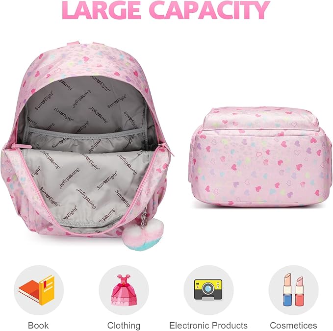 SUN EIGHT Lightweight Backpack for Girls Kids Elementary Bookbag Waterproof Large Space School Backpacks for Teens for Travel and School Ages 6+ Years old Casual Backpack(Pink Peach Heart)
