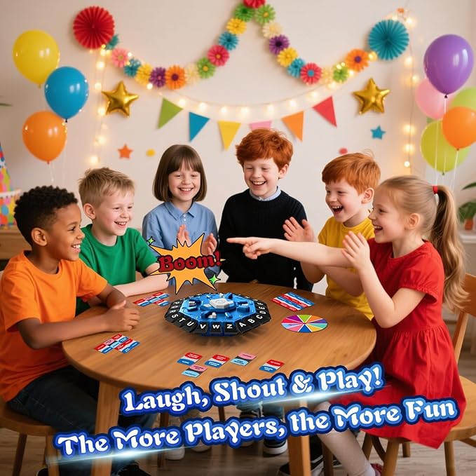 Family Board Word Games for Kids & Adults w/Display Timer, Fast Paced 24-Letter Learning Party Card Game with Spinning Penalty Wheel, 2 Modes & 220 Topics, Xmas & Birthday Gifts, Blue