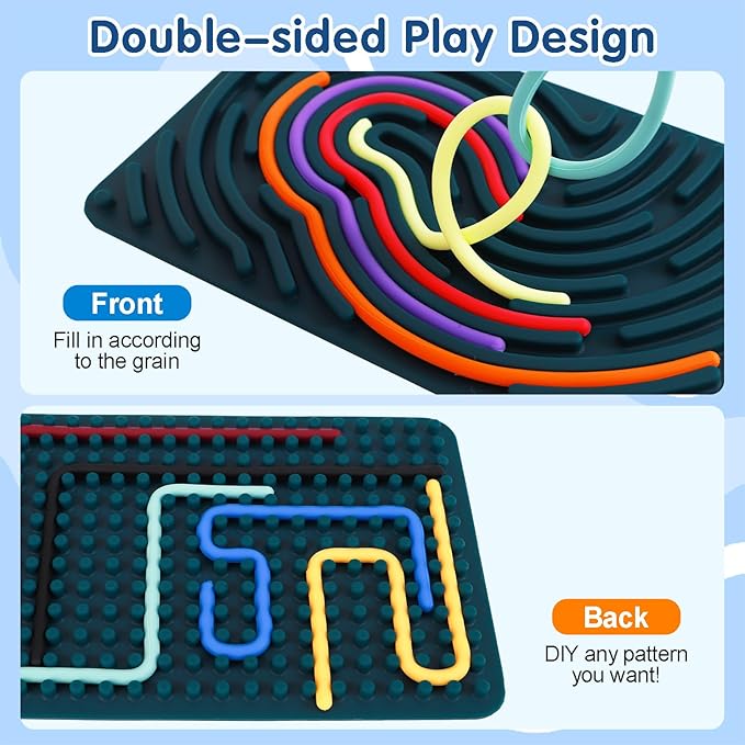 2PCS Sensory Activity Board, Silicone Fidget Toys for Anxiety, ADHD, Autism Stress Relief | Kids 3+ & Adults | Portable Travel Bag & 20 Strings, Dark Green & Blue