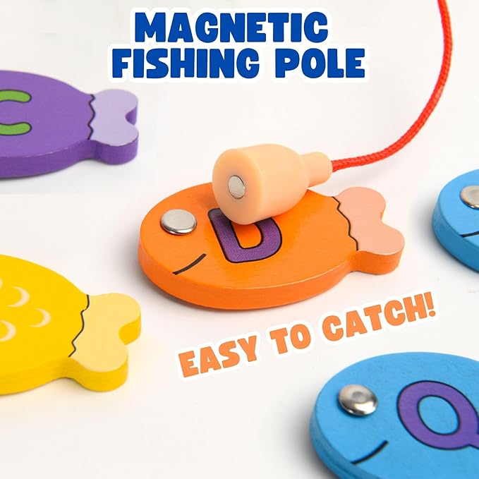 Magnetic Wooden Fishing Game – Interactive ABC Alphabet, Numbers, Shapes & Colors 4-in-1 Learning Board | Montessori Educational Toy for Kids | Complete Set with 36 Fish, 2 Wooden Poles & Board