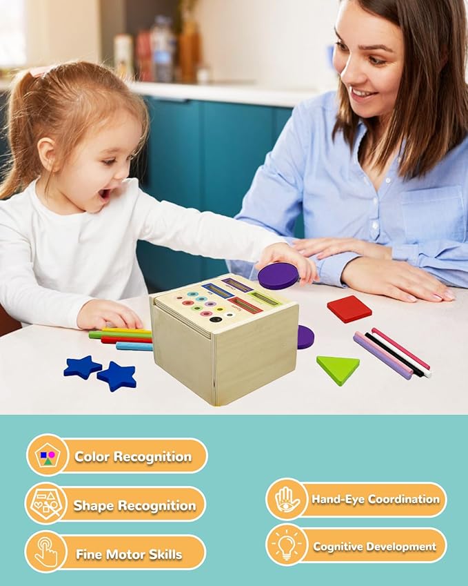 Wooden Sorting Toys Montessori Color & Shape Sorter Preschool Learning Activities Fine Motor Skills Sensory Toys for Toddlers 2-5 Birthday Gifts for Boys and Girls (Colorful-Cube)
