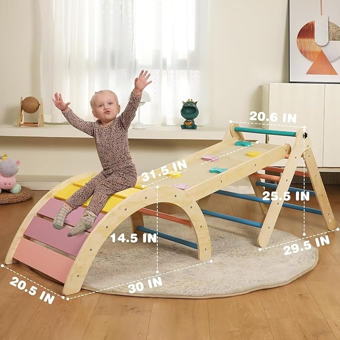 Pikler Triangle Set with Cushion, 7 in 1 Toddler Climbing Toys Indoor, Montessori Foldable Climbing Set, Wooden Climbing Toys for Toddlers 1-3 Inside with Ramp, Arch and Ladder (Rainbow)