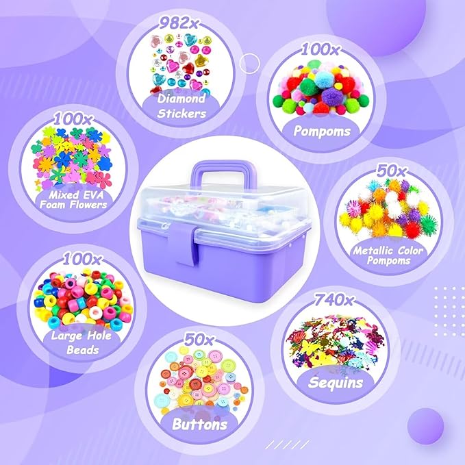 3000 Arts and Crafts Supplies for Kids Craft Kit All in 3 Layered Craft Box with Pipe Cleaners Crafts for Kids Age 4-6, 6-8, 8-12 DIY School Supplies Materials Set Toys Gifts for Girls Boys, Purple