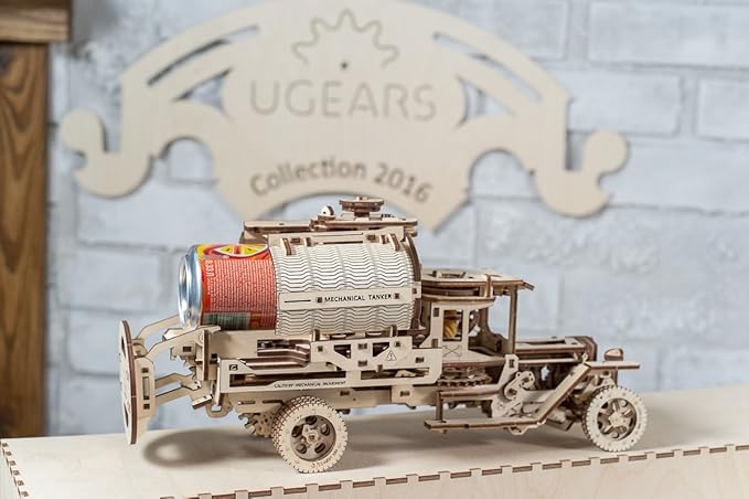 Ugears Tanker Mechanical Model Kit - DIY 3D Wooden Puzzles for Adults Truck with Working Engine - Moving 3D Puzzle Building Kits with Can Holder - Adult Puzzle Gift for Fathers Day - 594 Pcs