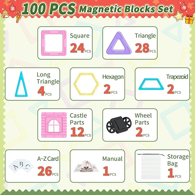 Rurvale 100Pcs Magnetic Tiles, Magnet Blocks for 3 4 5 6 7 8 Year Old Boys Girls, Learning Educational STEM Toys for Toddlers 3-5, 4-8, Building Blocks for Kids Ages 3+ Birthday Gifts