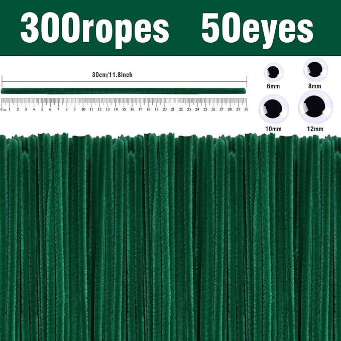 URSDIART (350pcs/Set) Green Pipe Cleaners and Wiggle Eyes, Dark Green Christmas Chenille Stems Pipe Cleaners Bulk 12 Inch Pipe Cleaners for Crafts DIY Creative,Halloween Decoration Art Supplies