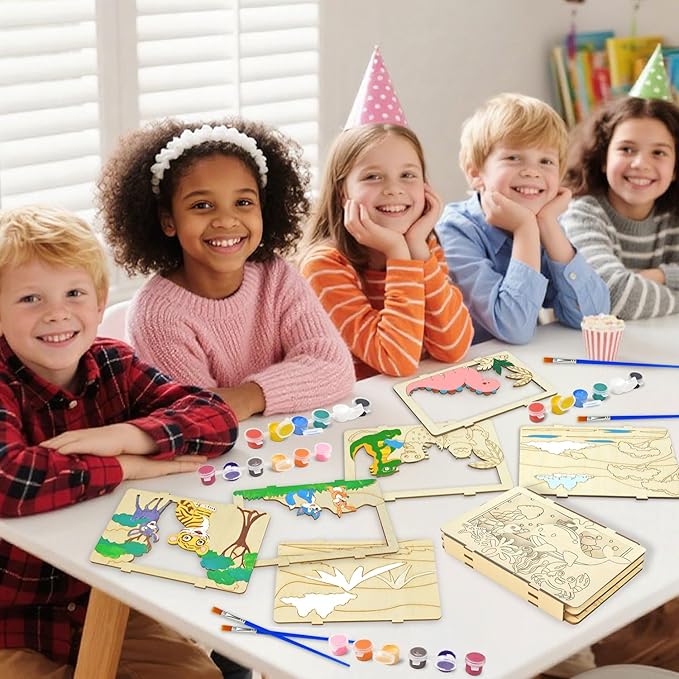 Vileafy 6-Pack Wooden Crafts for Kids, Creative Painting Party Favors– 3D Dinosaur, Jungle & Ocean Puzzle Kit with Individual Paints & Brushes for Boys & Girls Ages 6-8 Classroom & Party Activity (6)