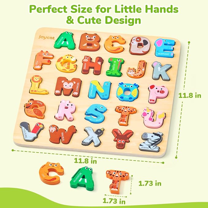 JoyCat Wooden Animal Alphabet Puzzles for Toddlers 1-3, 26 Letter Pieces, Montessori ABC Learning Toy, Gifts for 1 2 3 4 5 Year Old Boy Girl, Preschool Learning Activities