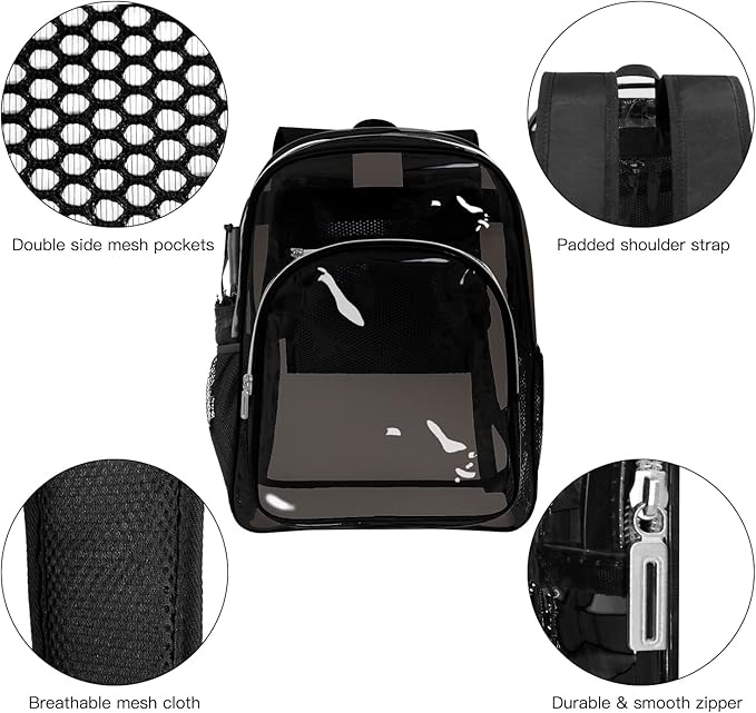 Clear Backpack Heavy Duty Transparent Backpack for Security Travel Work (Black)