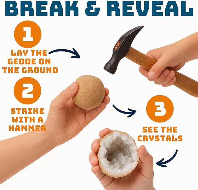 Jumbo Break Your Own Geodes Kit โ 2 Natural Geodes 4.5 to 5.5+ Inches - Magnifying Glass & Learning Guide โ Fun STEM Activity for Kids Easy-to-Open - Jumbo
